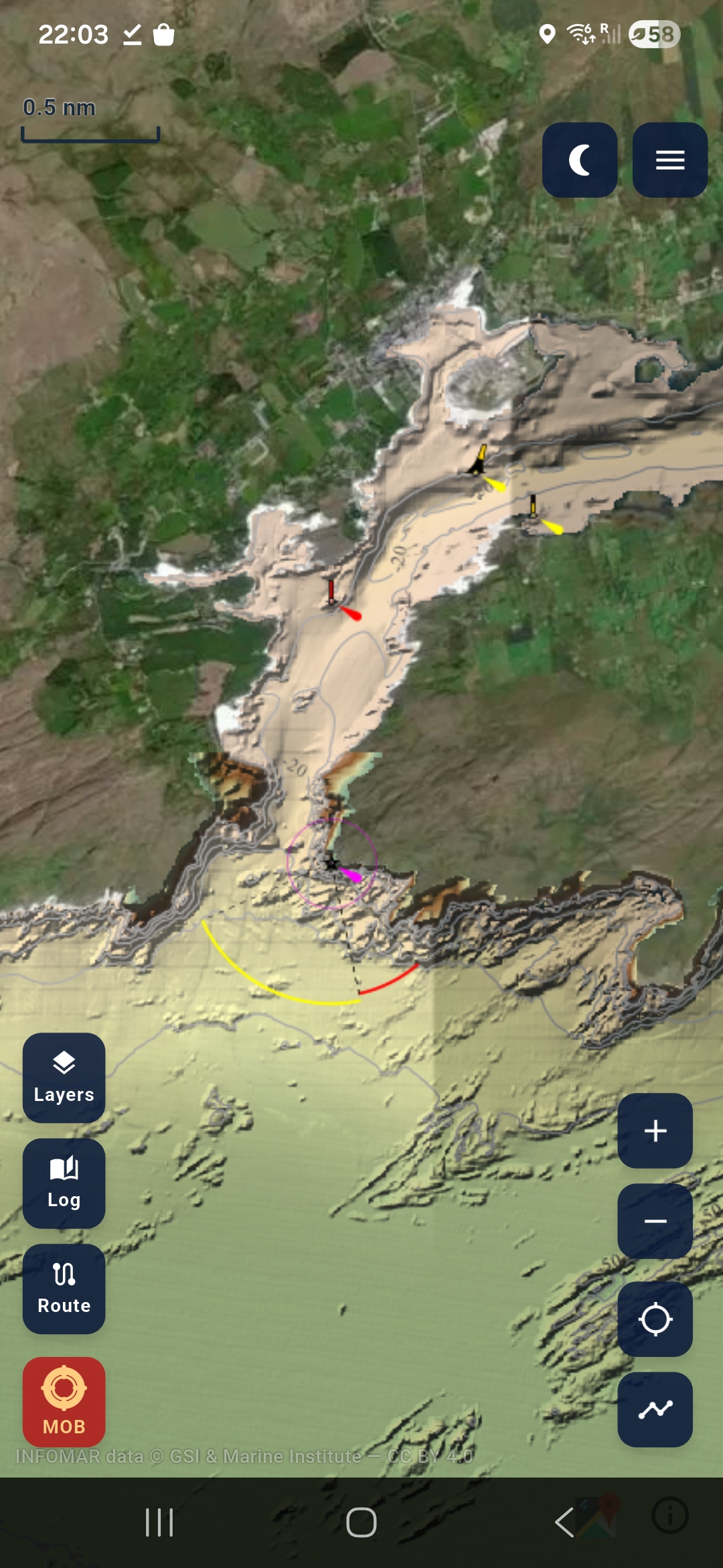 Satellite view with bathymetry overlay