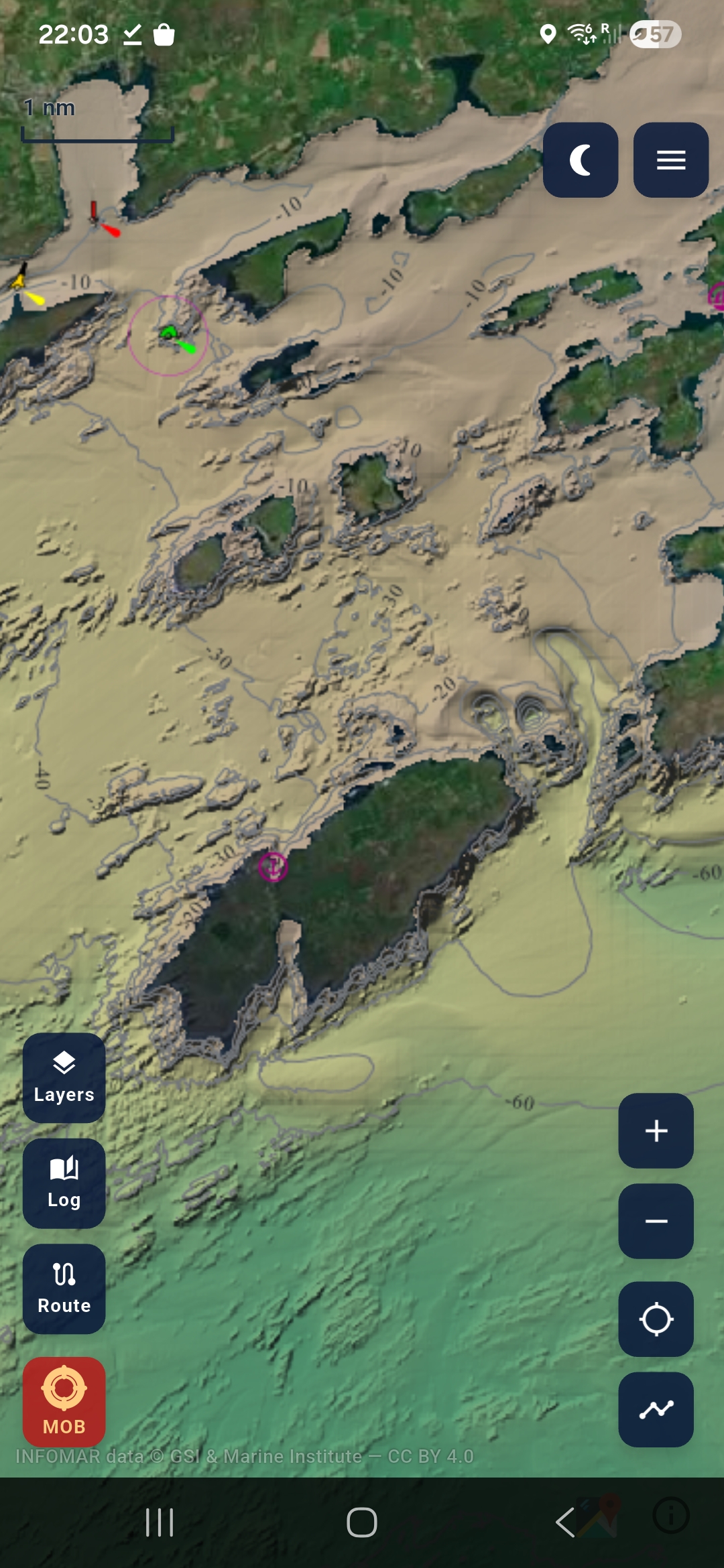 Coastal bathymetry with depth contours