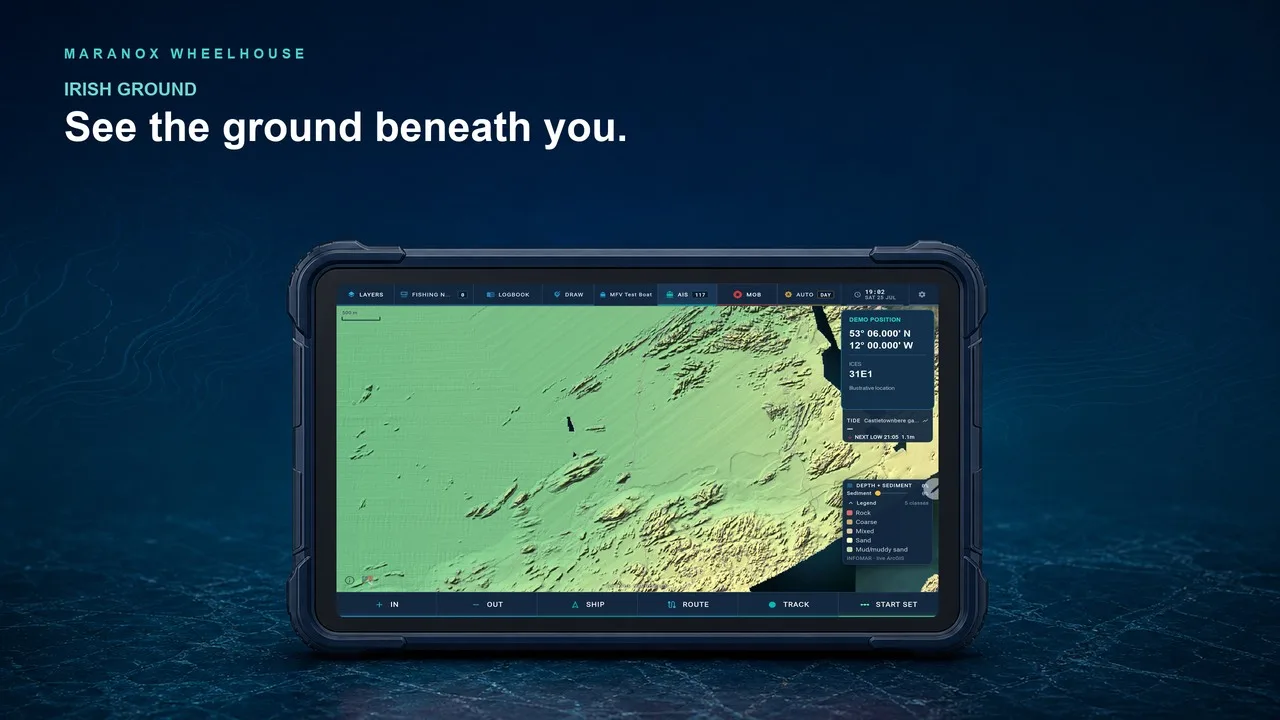 Maranox Wheelhouse running on a rugged landscape tablet and showing detailed Irish seabed data